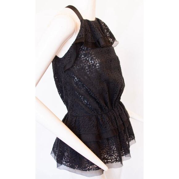 Oscar De La Renta Black Lace Halter Top with Two-Tier Ruffle Trim - Size 8 - Picture 6 of 6